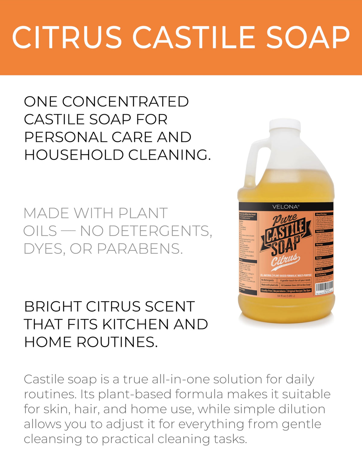 Velona citrus-scent closeup highlights natural aroma for daily washing and cleaning routines.