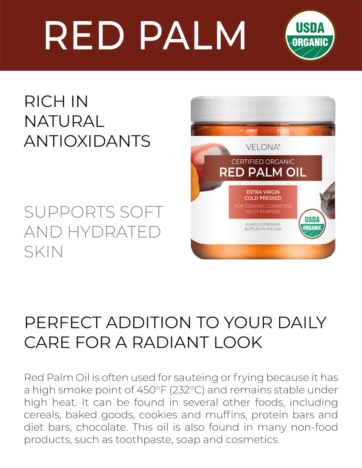 Velona red palm oil jar front showcasing premium packaging and quality