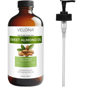 Velona Sweet Almond Oil bath scene suggests luxurious, lightweight body care