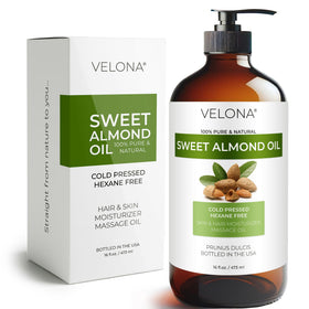 Velona Sweet Almond Oil bottle displayed for pure skin hydration and smoothness