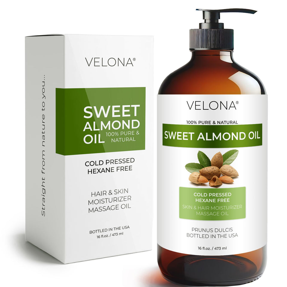 Velona Sweet Almond Oil bottle displayed for pure skin hydration and smoothness