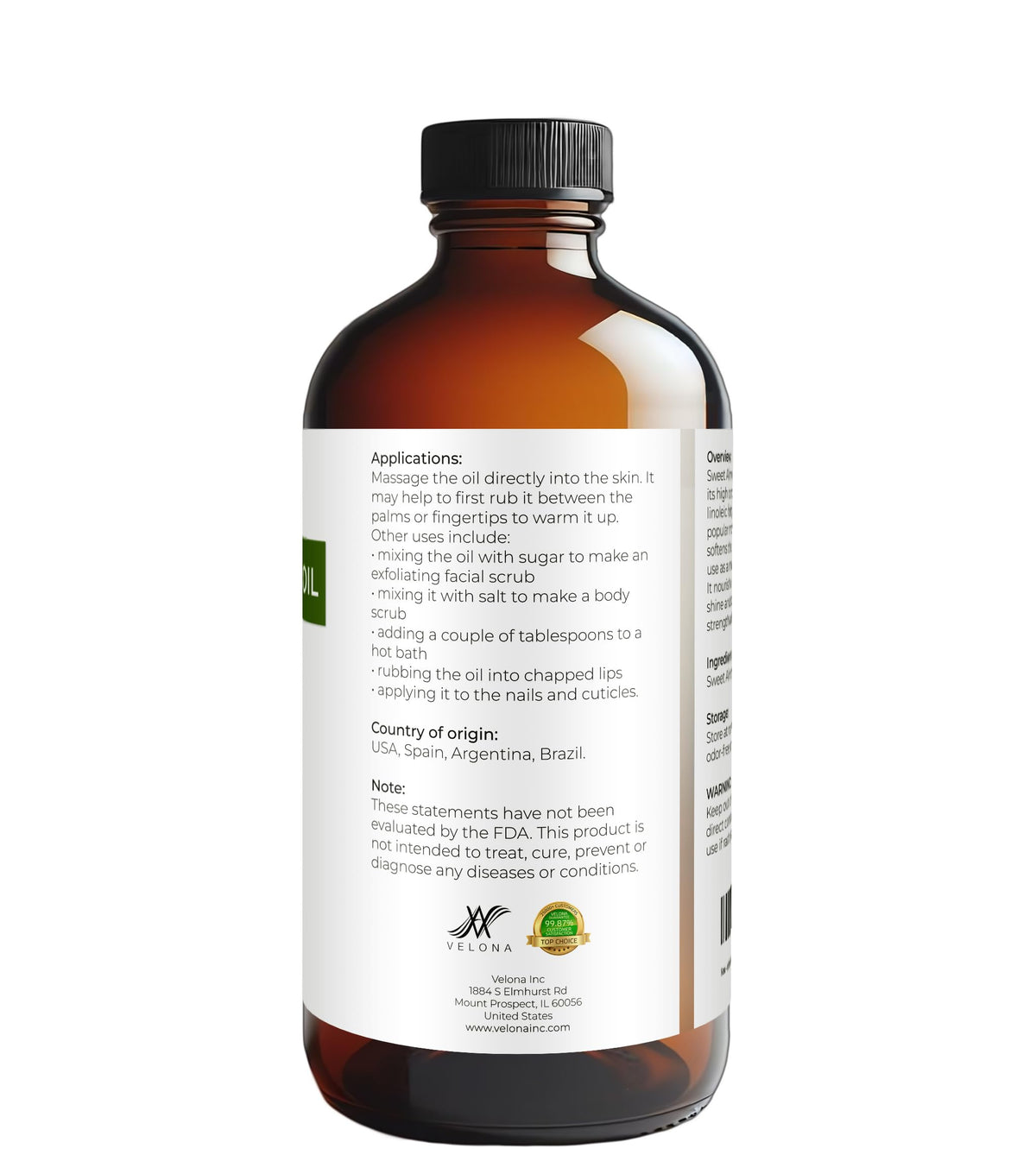 Velona Sweet Almond Oil dropper emphasizes precise application for skin