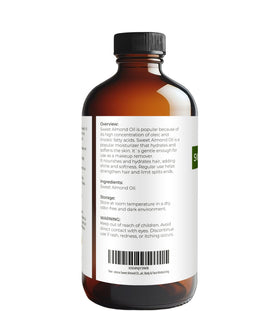 Velona Sweet Almond Oil label closeup shows fragrance-free, pure carrier oil