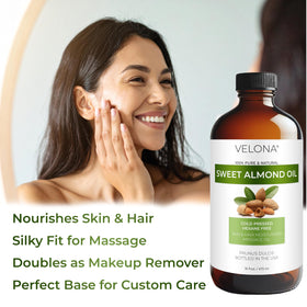 Velona Sweet Almond Oil on skin application suggests quick absorption and softening