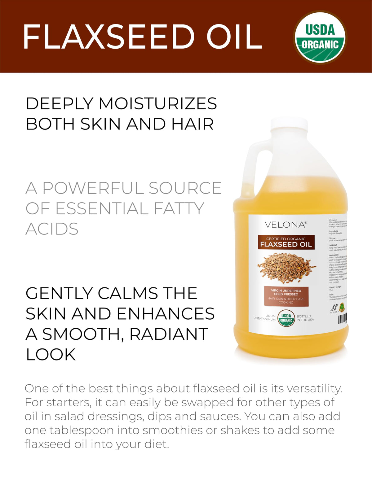 Velona USDA Organic label highlights non-GMO, chemical-free nourishment for salads and smoothies
