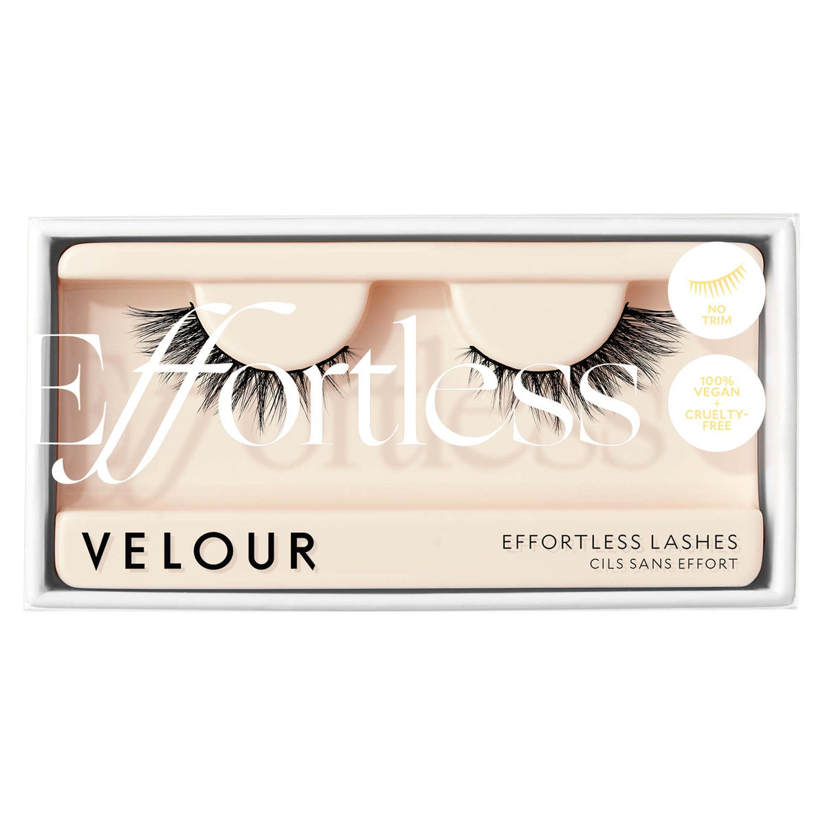 Velour Effortless Lashes with a pretrimmed band for quick application.