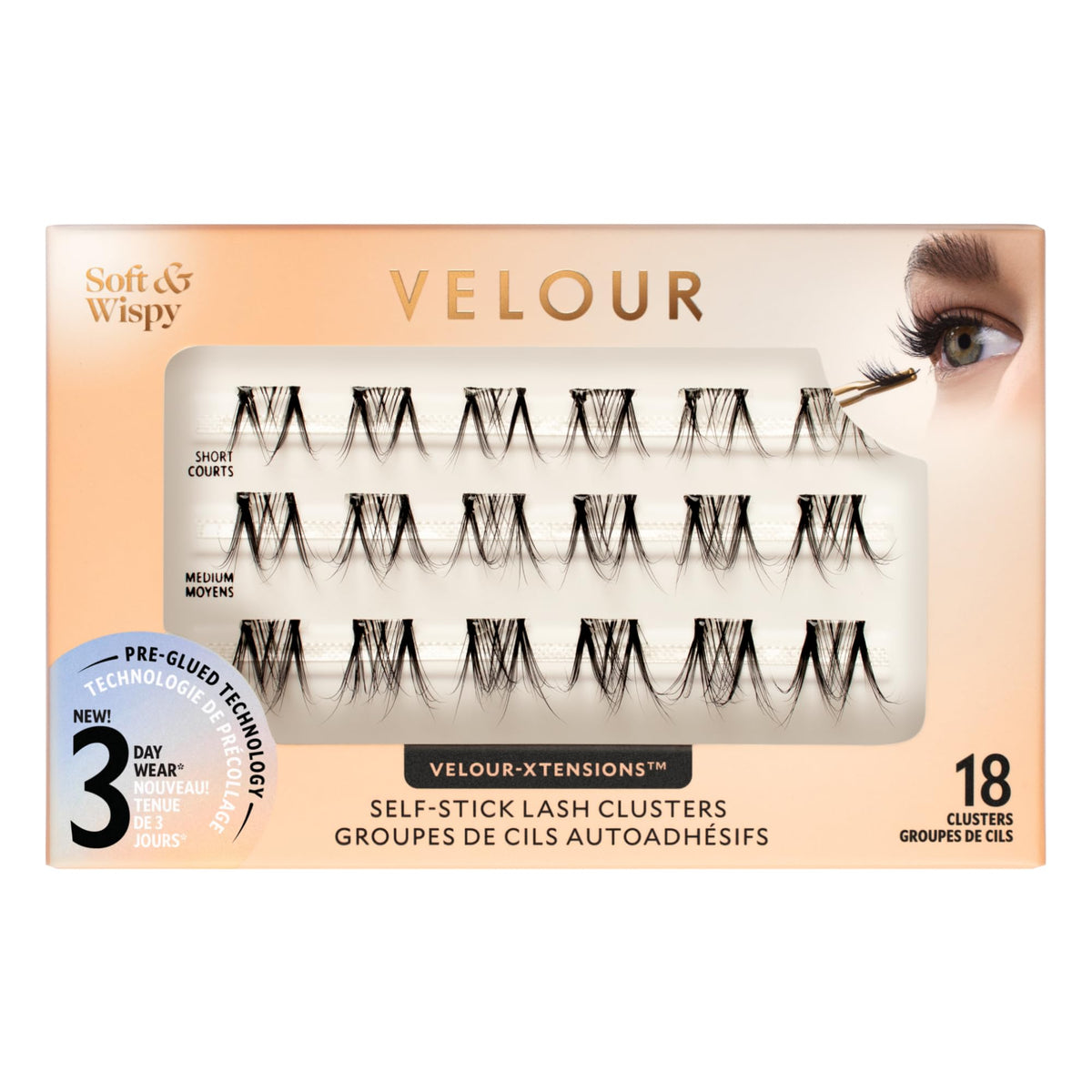VELOUR Velour-Xtensions self-stick lash clusters for 18 underlashes, lightweight and easy to wear.
