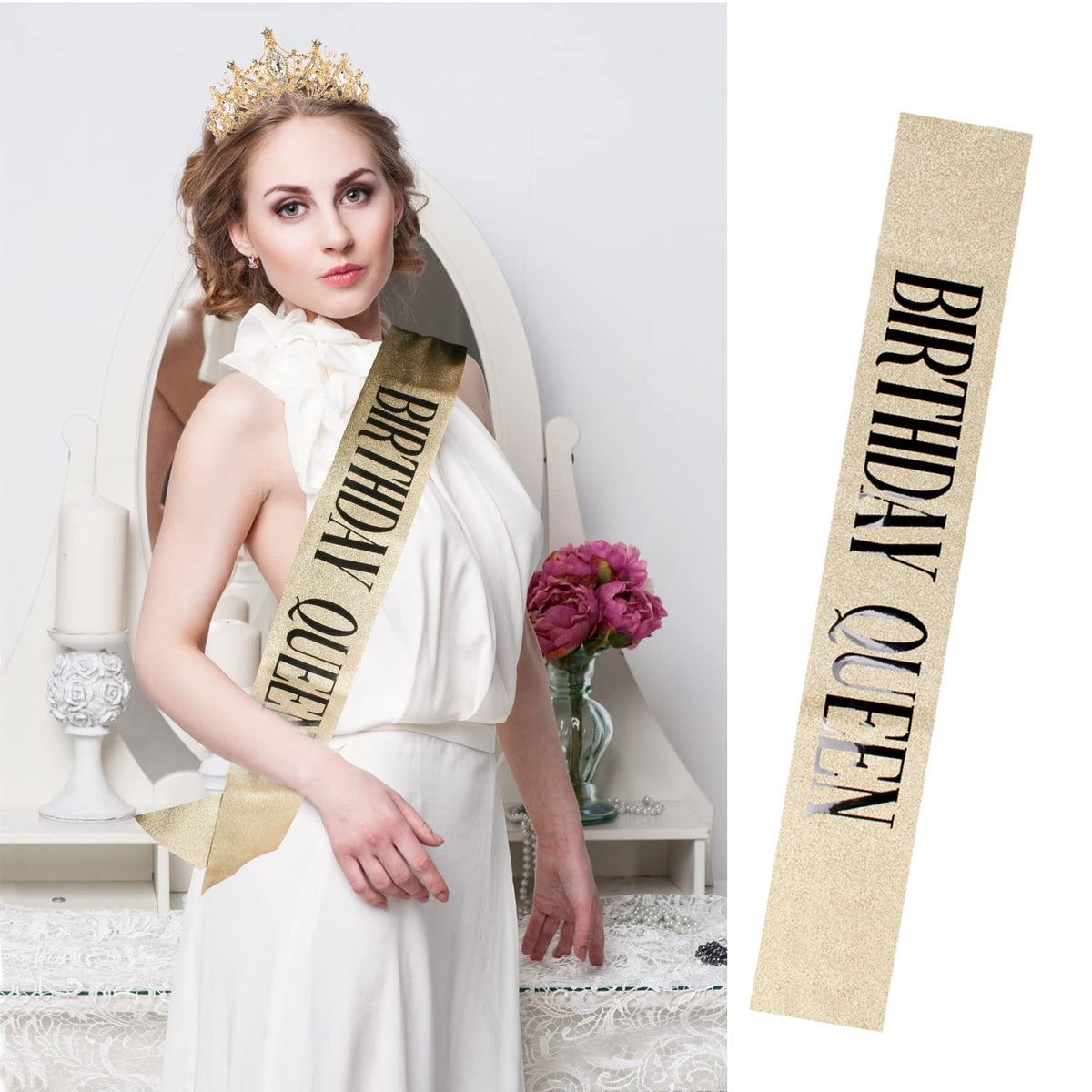 VELSCRUN Gold-plated crystal tiara gleams in a celebratory look.
