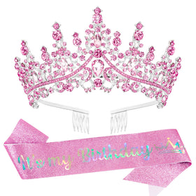VELSCRUN pink crystal tiara crown with combs for elegant birthday celebrations.