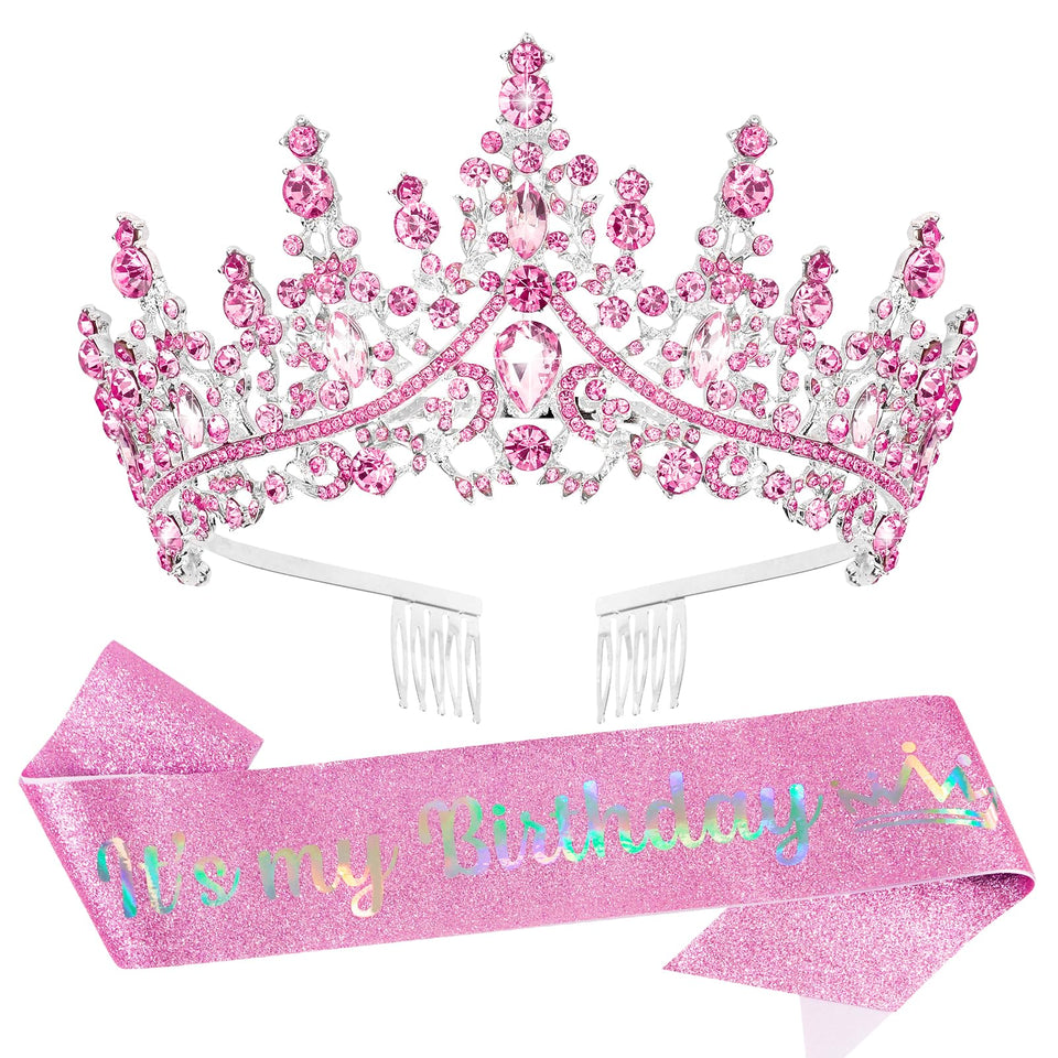 VELSCRUN pink crystal tiara crown with combs for elegant birthday celebrations.