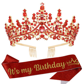 VELSCRUN red crystal tiara crown close-up with rhinestones for party photos
