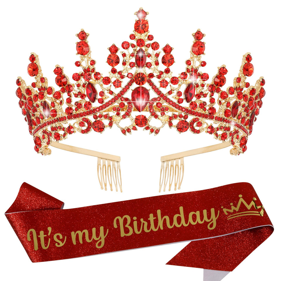VELSCRUN red crystal tiara crown close-up with rhinestones for party photos