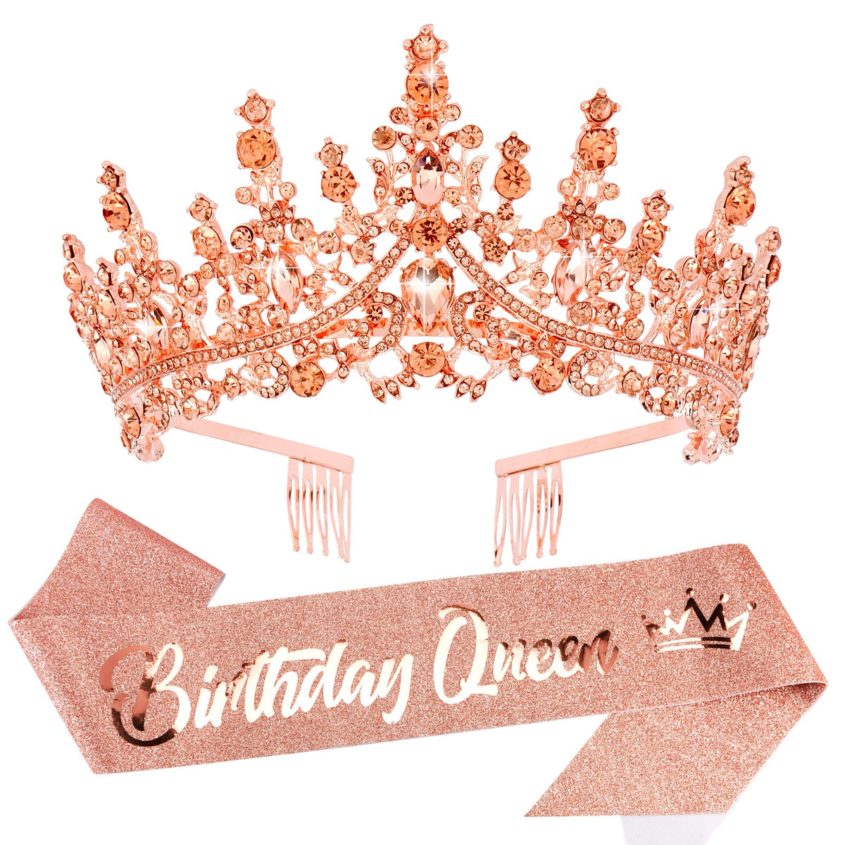 VELSCRUN Rose Gold Crystal Tiara front view highlights elegant birthday sparkle.