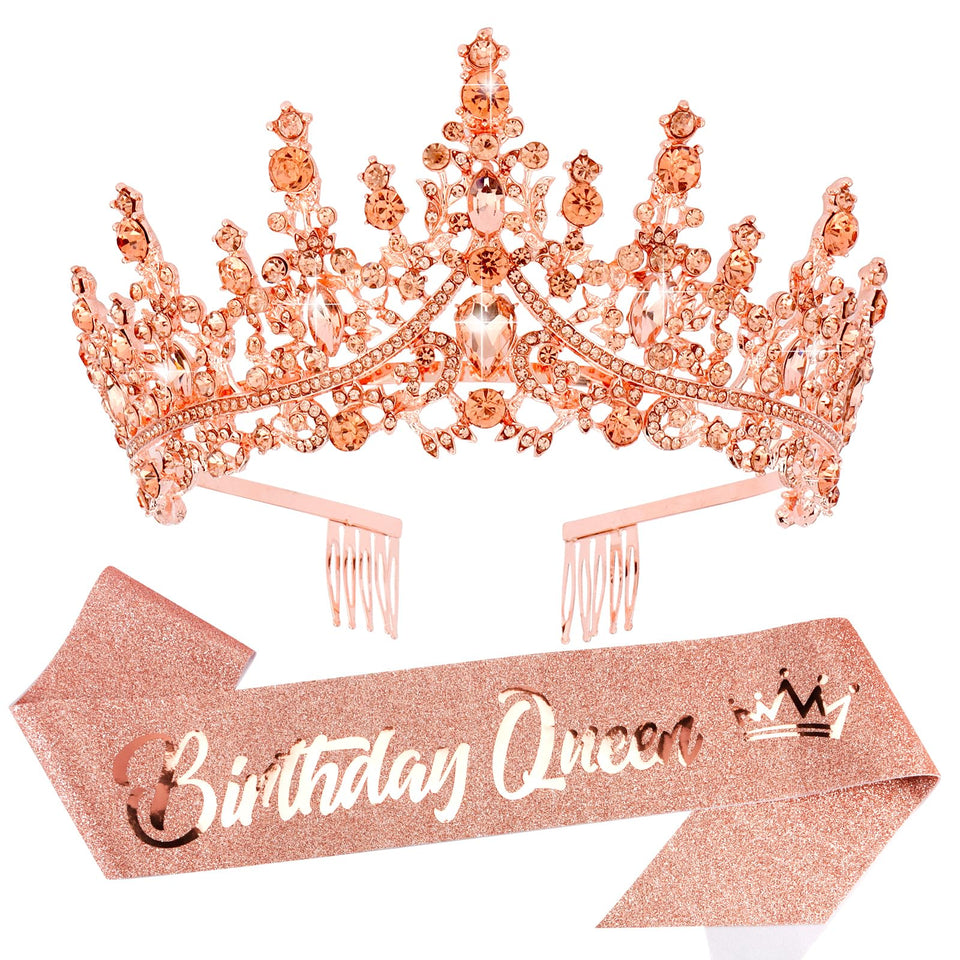 VELSCRUN Rose Gold Crystal Tiara front view highlights elegant birthday sparkle.