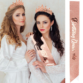 VELSCRUN Rose Gold Crystal Tiara side view shows slim, comfortable fit.