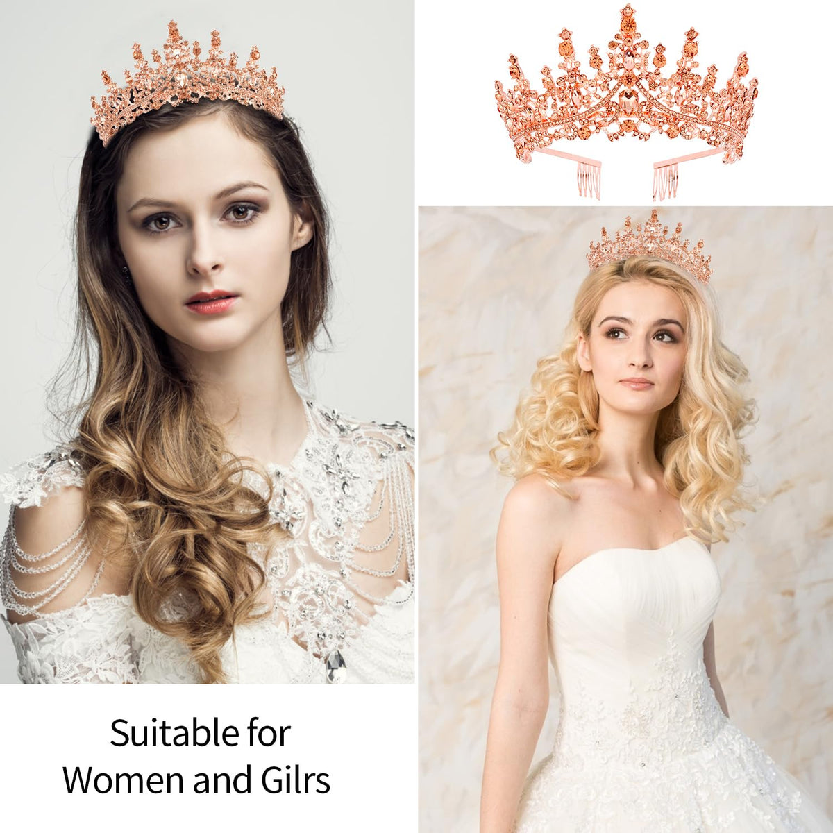 VELSCRUN Rose Gold Crystal Tiara with combs prevents slipping during wear.