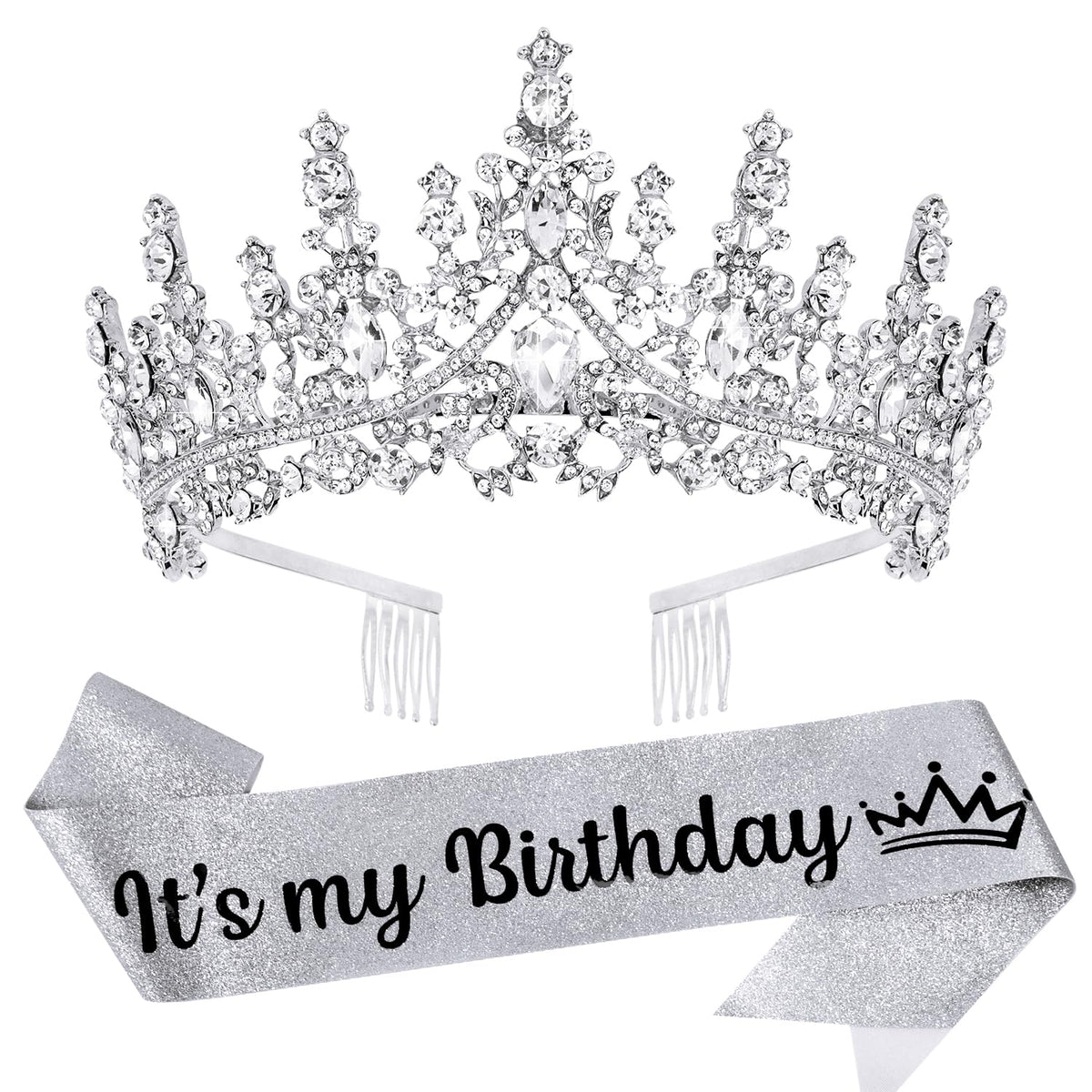 VELSCRUN Silver Crystal Birthday Tiara Crown front view showcasing radiant crystals for celebrations.