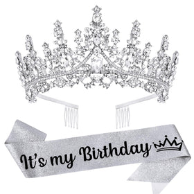 VELSCRUN Silver Crystal Birthday Tiara Crown front view showcasing radiant crystals for celebrations.
