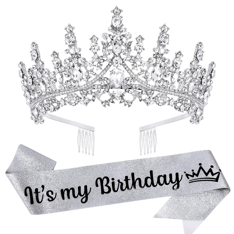 VELSCRUN Silver Crystal Birthday Tiara Crown front view showcasing radiant crystals for celebrations.