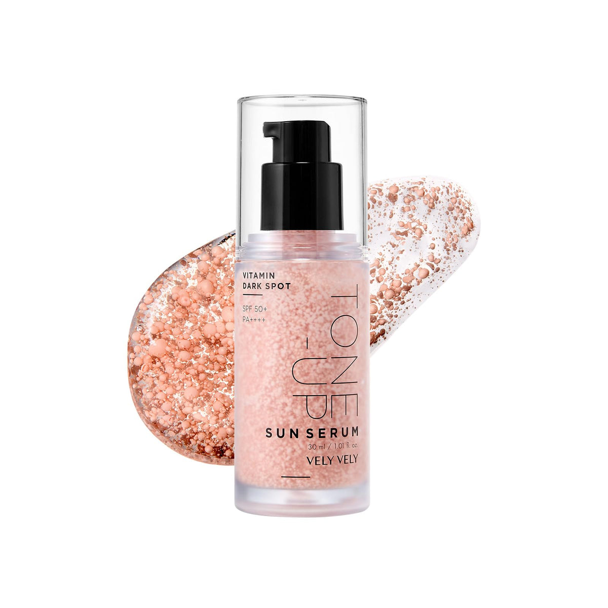 VELY VELY Vitamin Dark Spot Sun Serum bottle on vanity for daily protection.