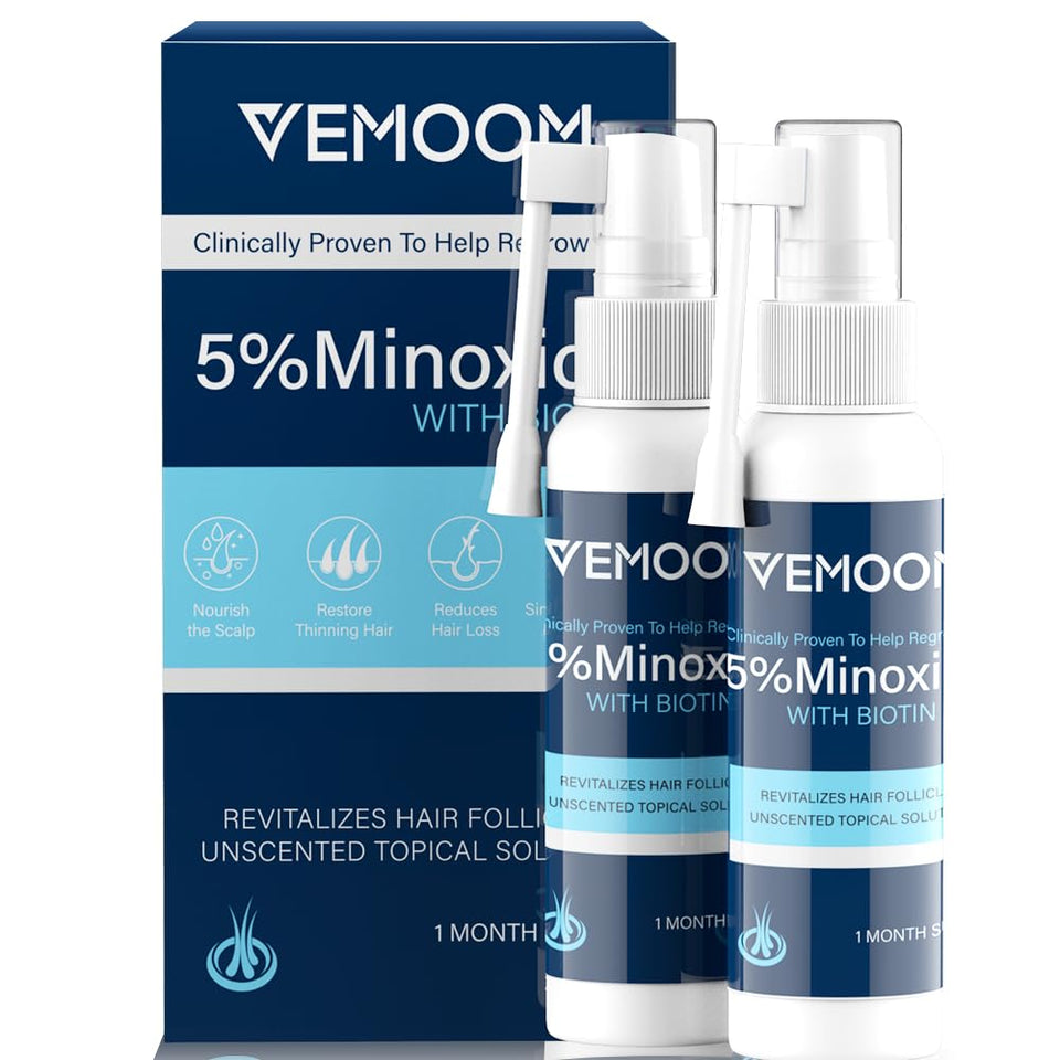 VEMOOM 5% Minoxidil bottle for precise dosing on thinning areas