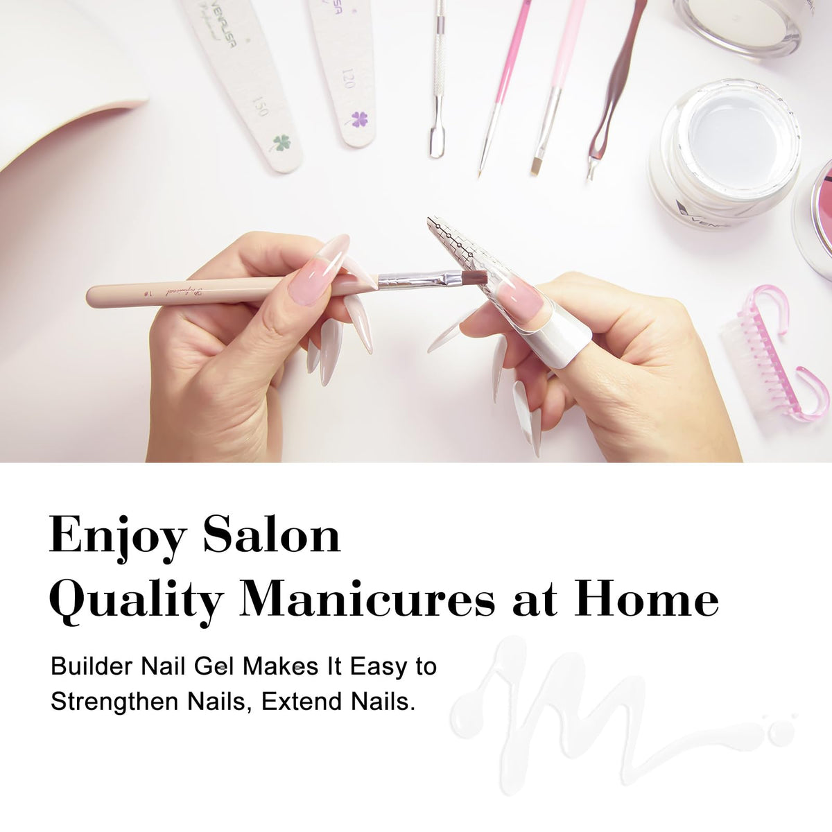 Close-up of the precision brush applying VENALISA Gel on nails.