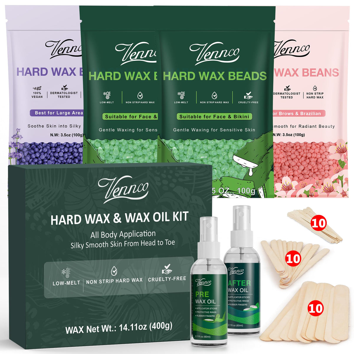 Vennco hard wax beads kit packaging for convenient at-home waxing