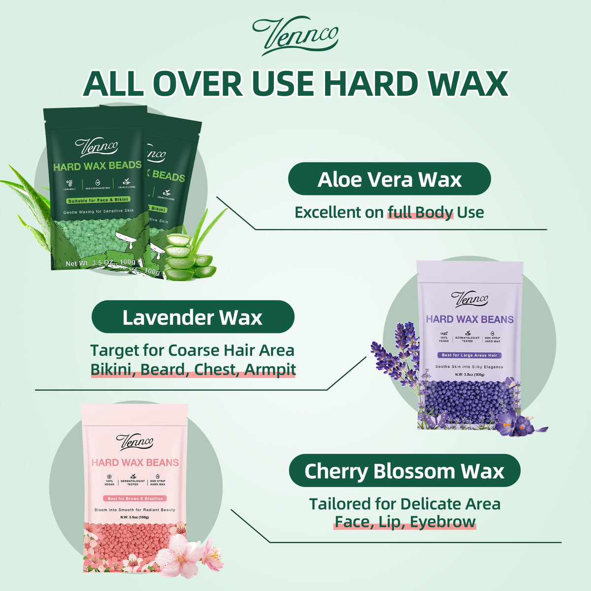 Vennco lavender wax beads for facial hair with gentle application