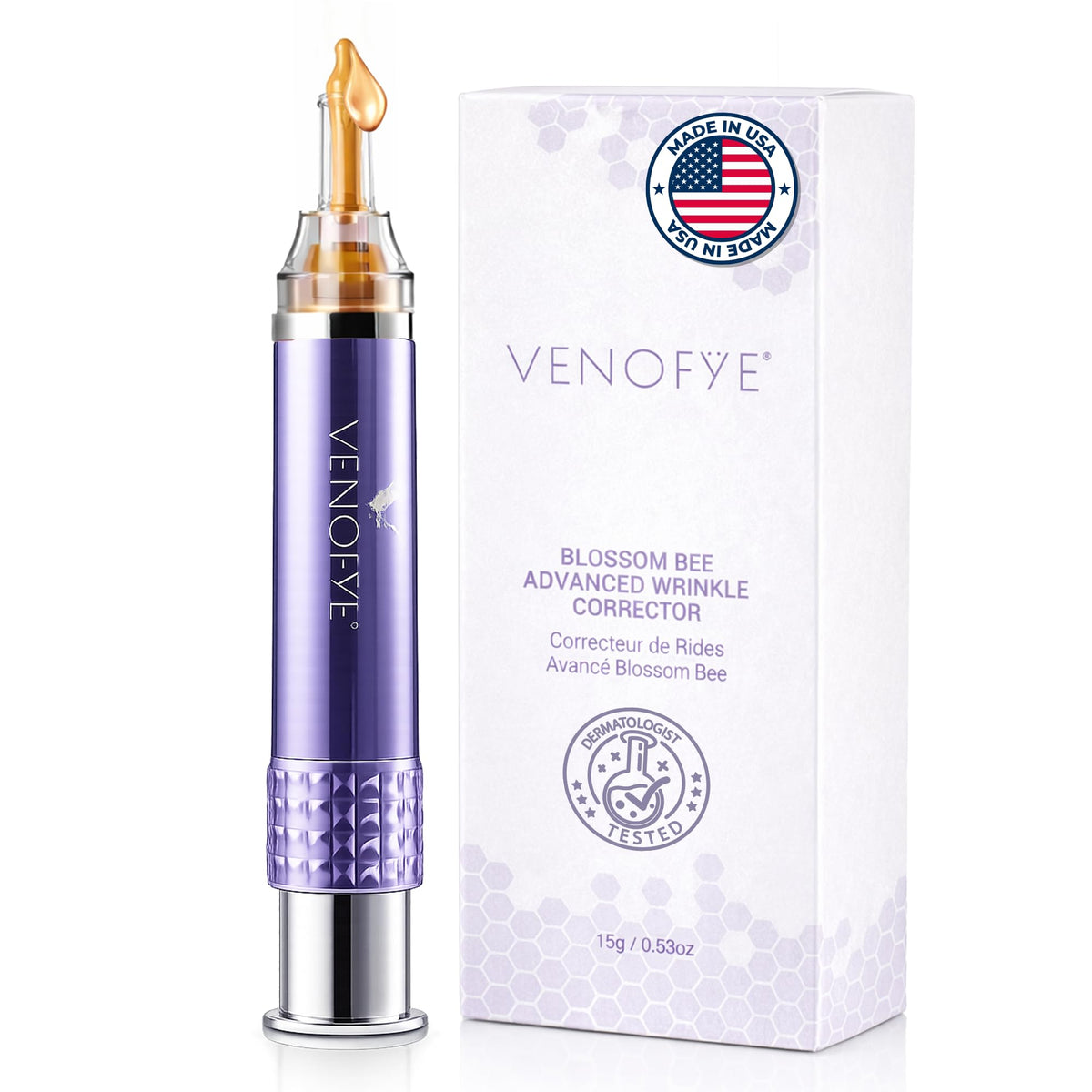 Venofye Blossom Bee Advanced Wrinkle Corrector bottle showing instant smoothing.