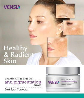 VENSIA Anti Pigmentation Cream applied on clean face for gentle daily routine.