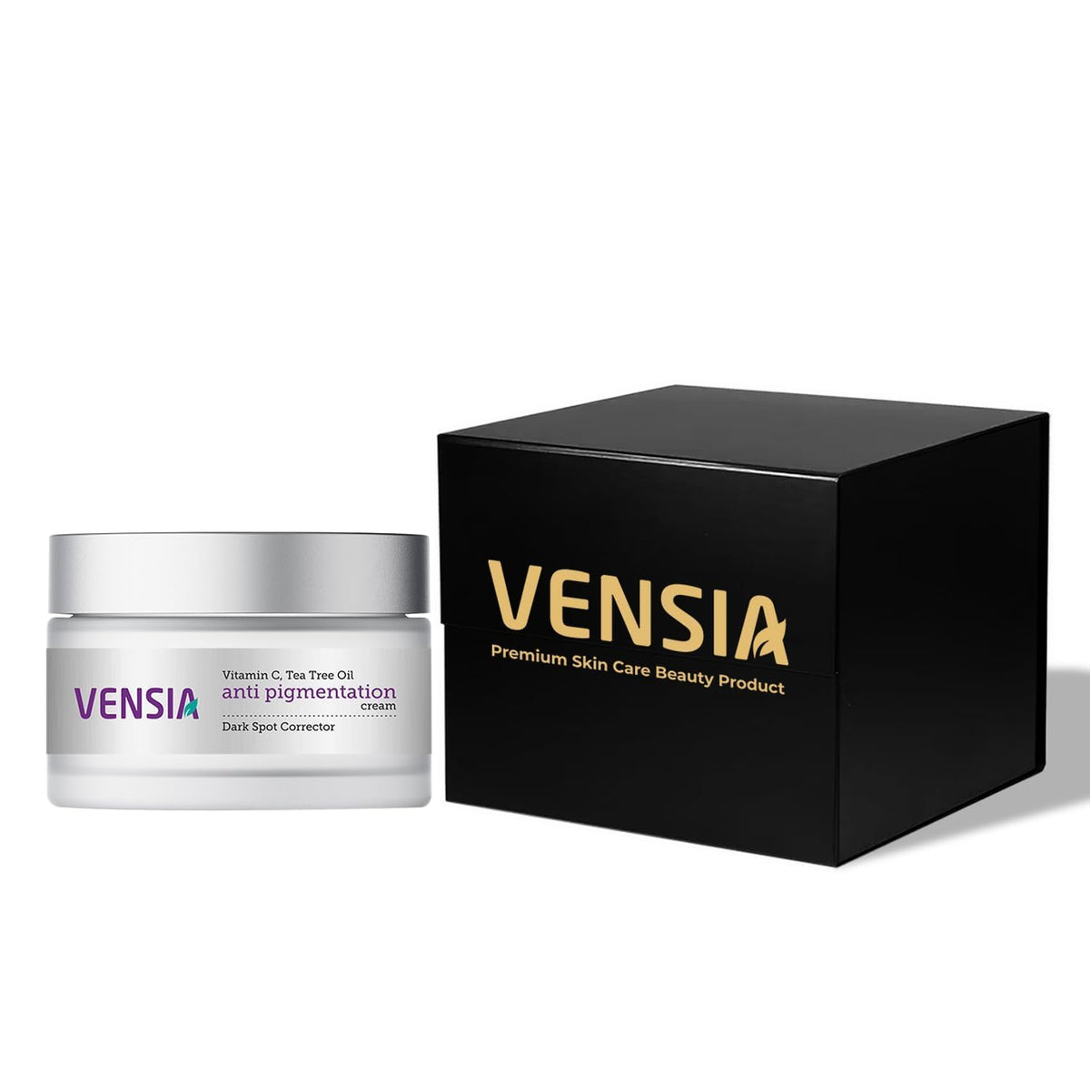 VENSIA Anti Pigmentation Cream packaging close-up highlighting even skin tone.