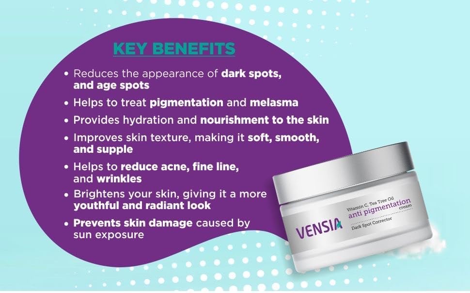 VENSIA bottle emphasizes vitamin C for brightening of the skin.