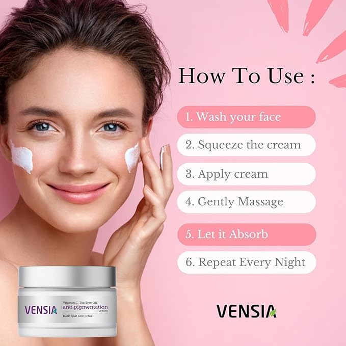 VENSIA cream highlights white curcumin and licorice extracts for pigmentation support.