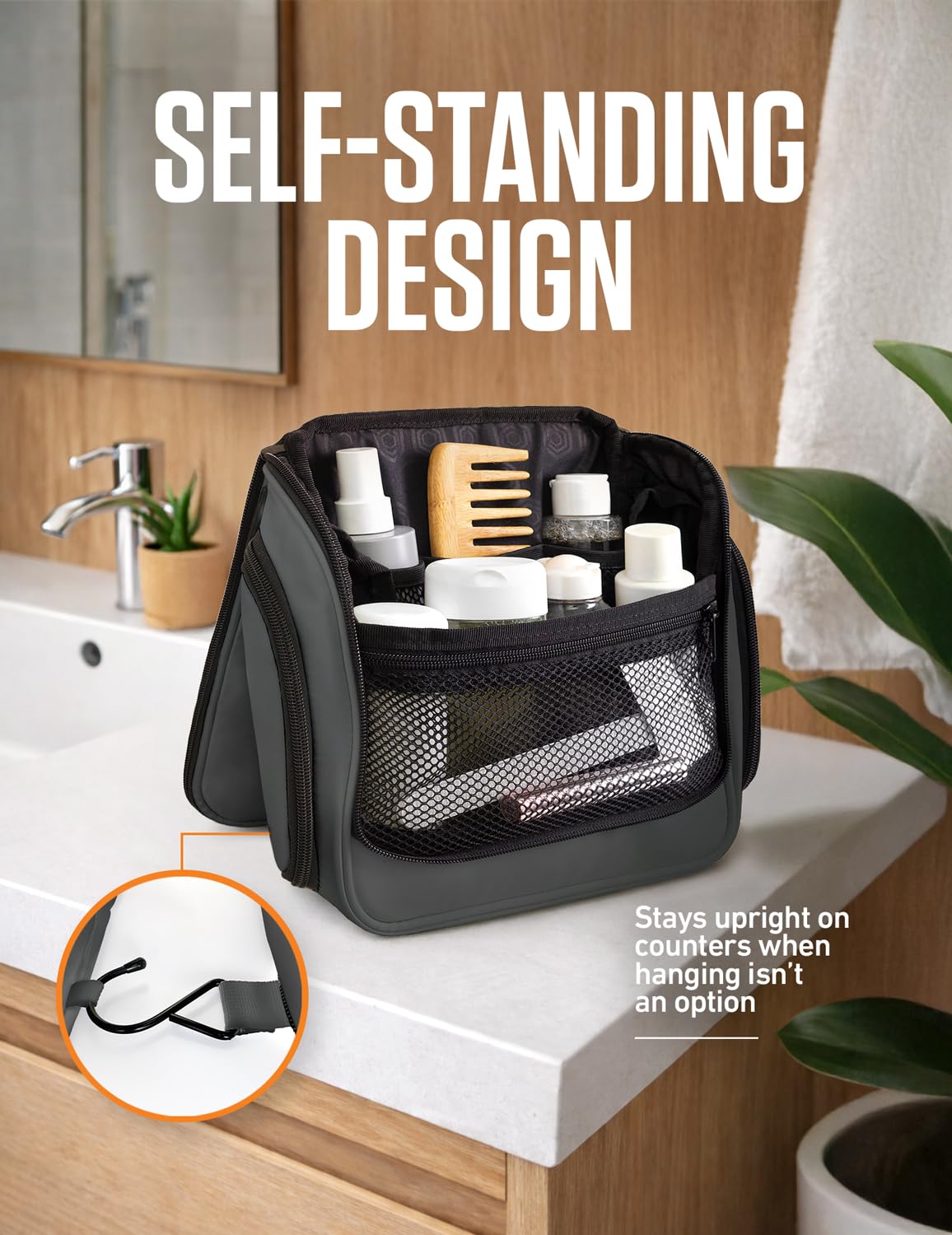 VENTURE 4TH hanging bag secures on bathroom fixtures for easy access