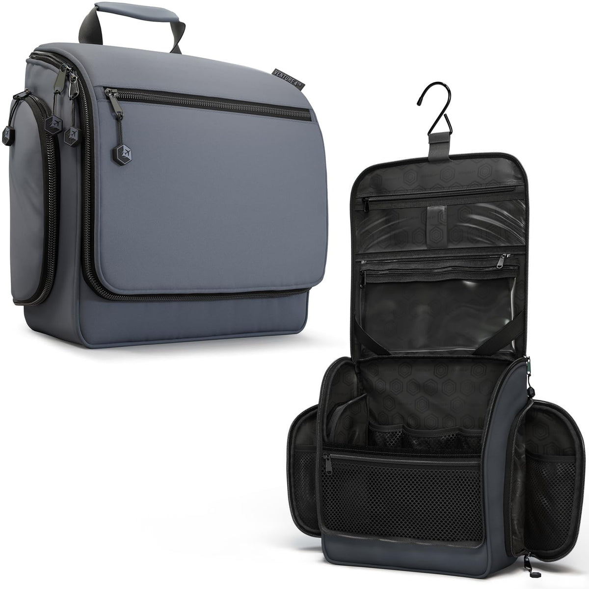 VENTURE 4TH hanging toiletry bag opens to reveal 18 organized compartments for travel essentials