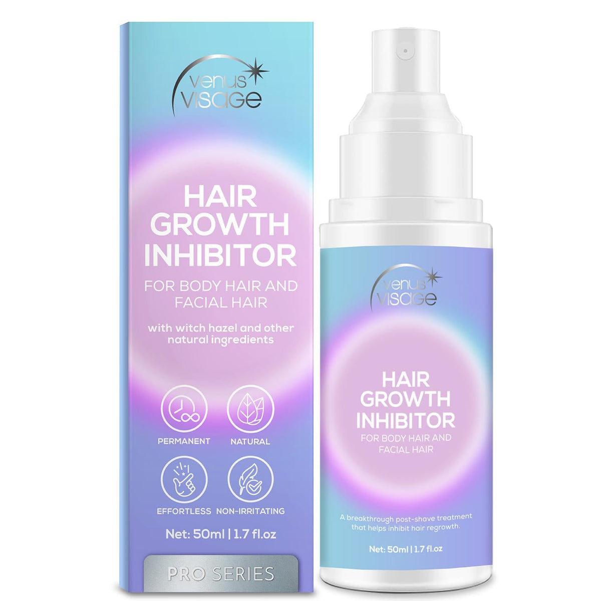 VENUS VISAGE Hair Inhibitor bottle-pump for easy post-wax smoothing.