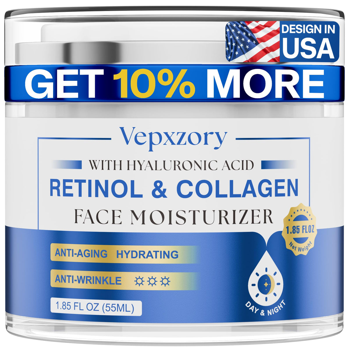 Vepxzory anti-aging retinol cream bottle for daily skin care.