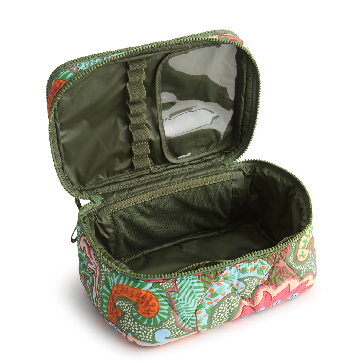 Interior pockets and brush loops in Vera Bradley cosmetic case for tidy on-the-go use.