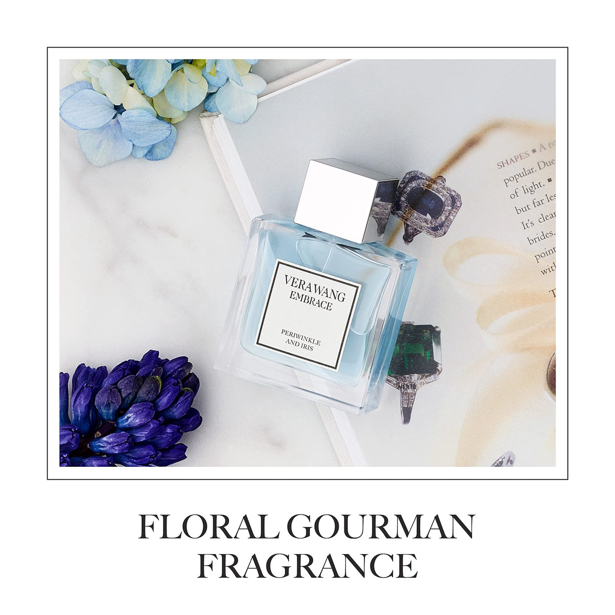 Vera Wang Embrace bottle with violet petals accent, perfect for romantic evenings.