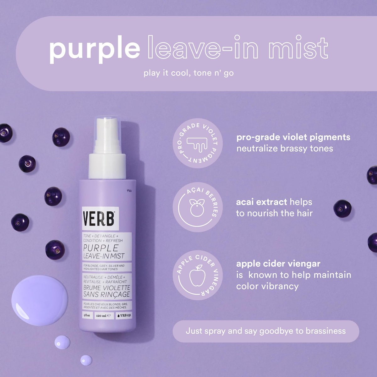 VERB Purple Leave-In Mist helps detangle hair for smoother strands.