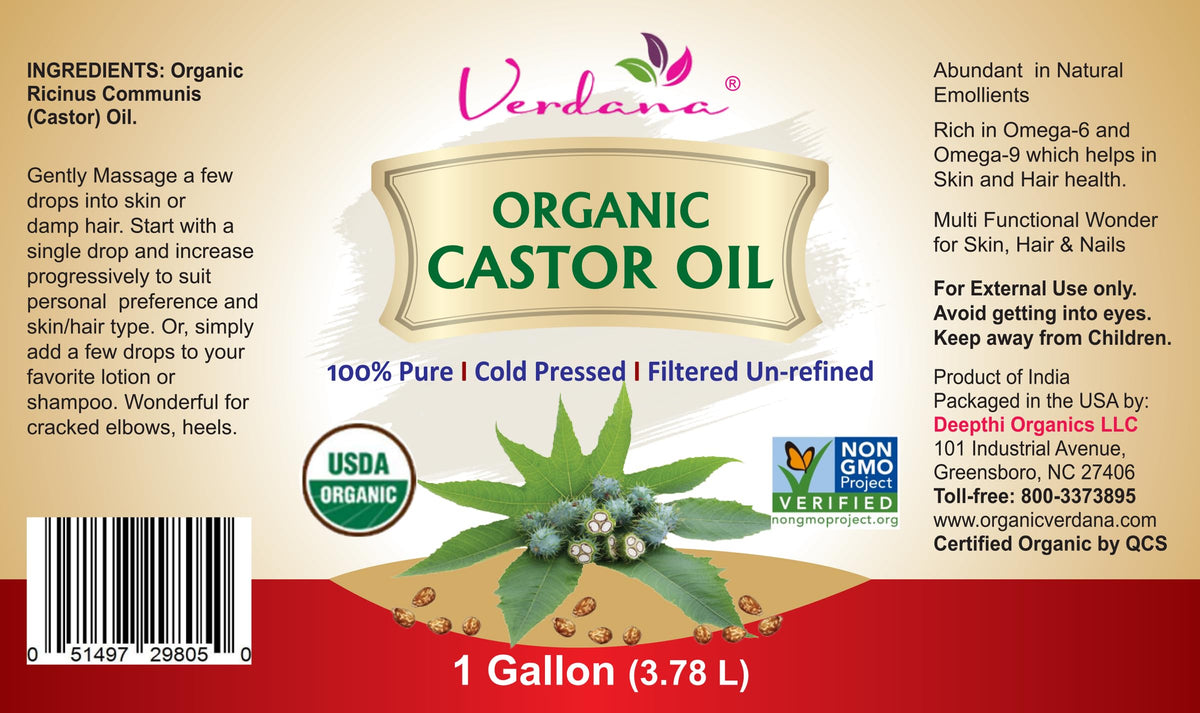Verdana Organic Castor Oil 1-gallon container for bulk refills in salons.