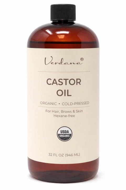 Verdana Organic Castor Oil in amber bottle for hair care and shine