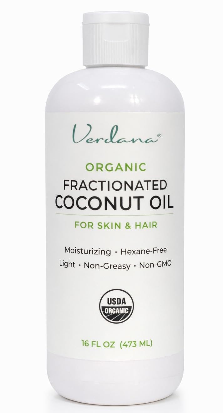 Verdana Organic Fractionated Coconut Oil bottle shows clear liquid for fast-absorbing skin and hair care
