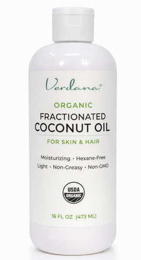 Verdana Organic Fractionated Coconut Oil bottle shows clear liquid for fast-absorbing skin and hair care