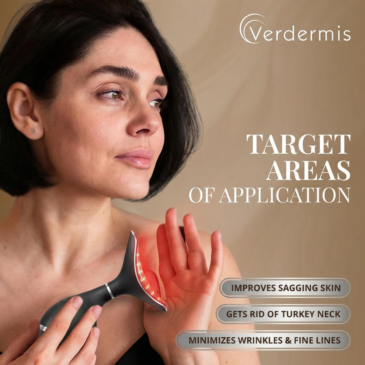 VERDERMIS neck jawline care use demonstrates targeted neckline definition for daily care.