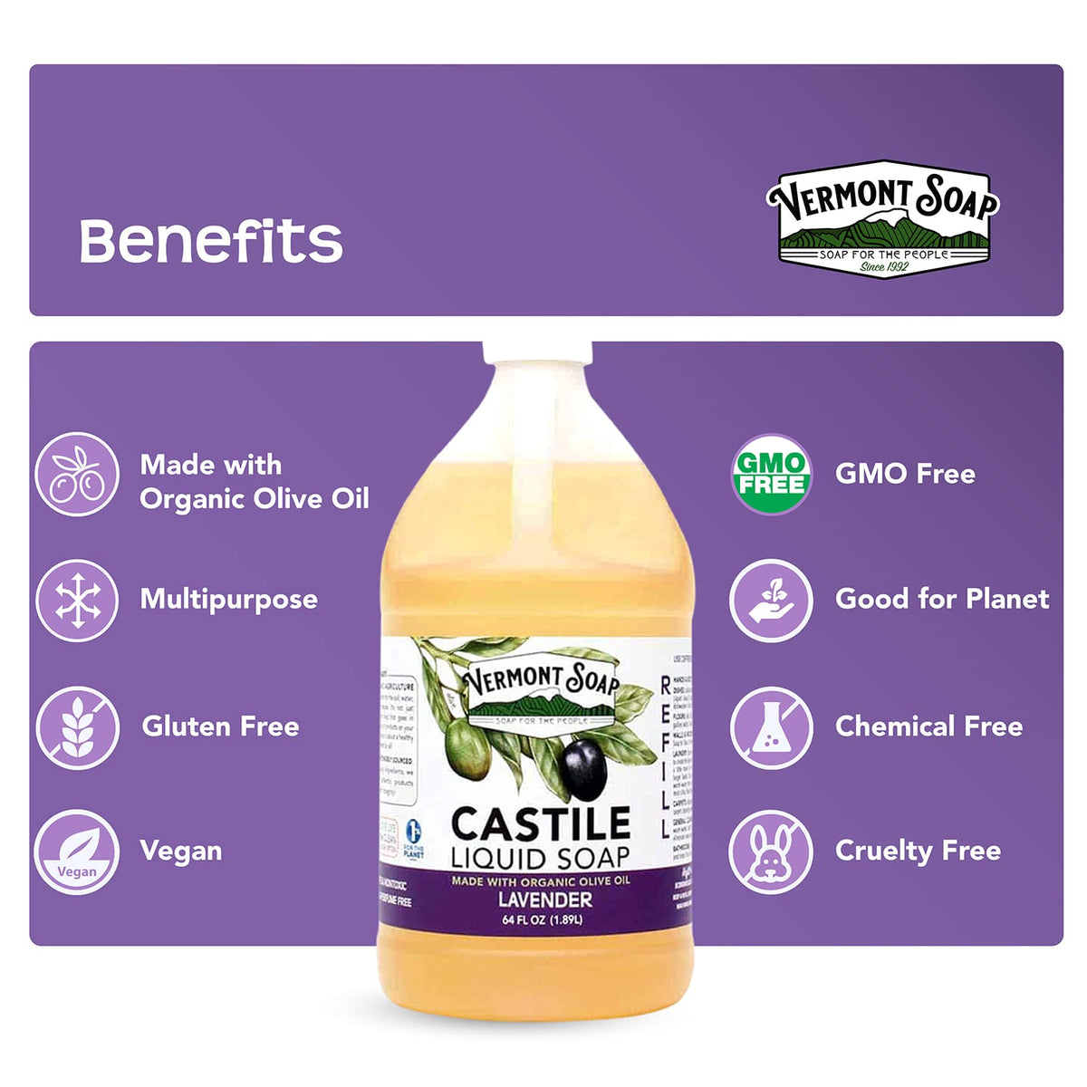 64 oz packaging of Vermont Soap Lavender Castile for bulk value and sustainability.