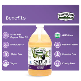 64 oz packaging of Vermont Soap Lavender Castile for bulk value and sustainability.
