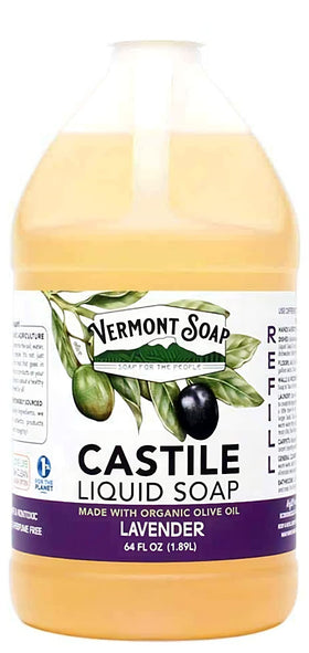 Vermont Soap Lavender Castile bottle pour demonstrates gentle skin wash and versatile cleaner.