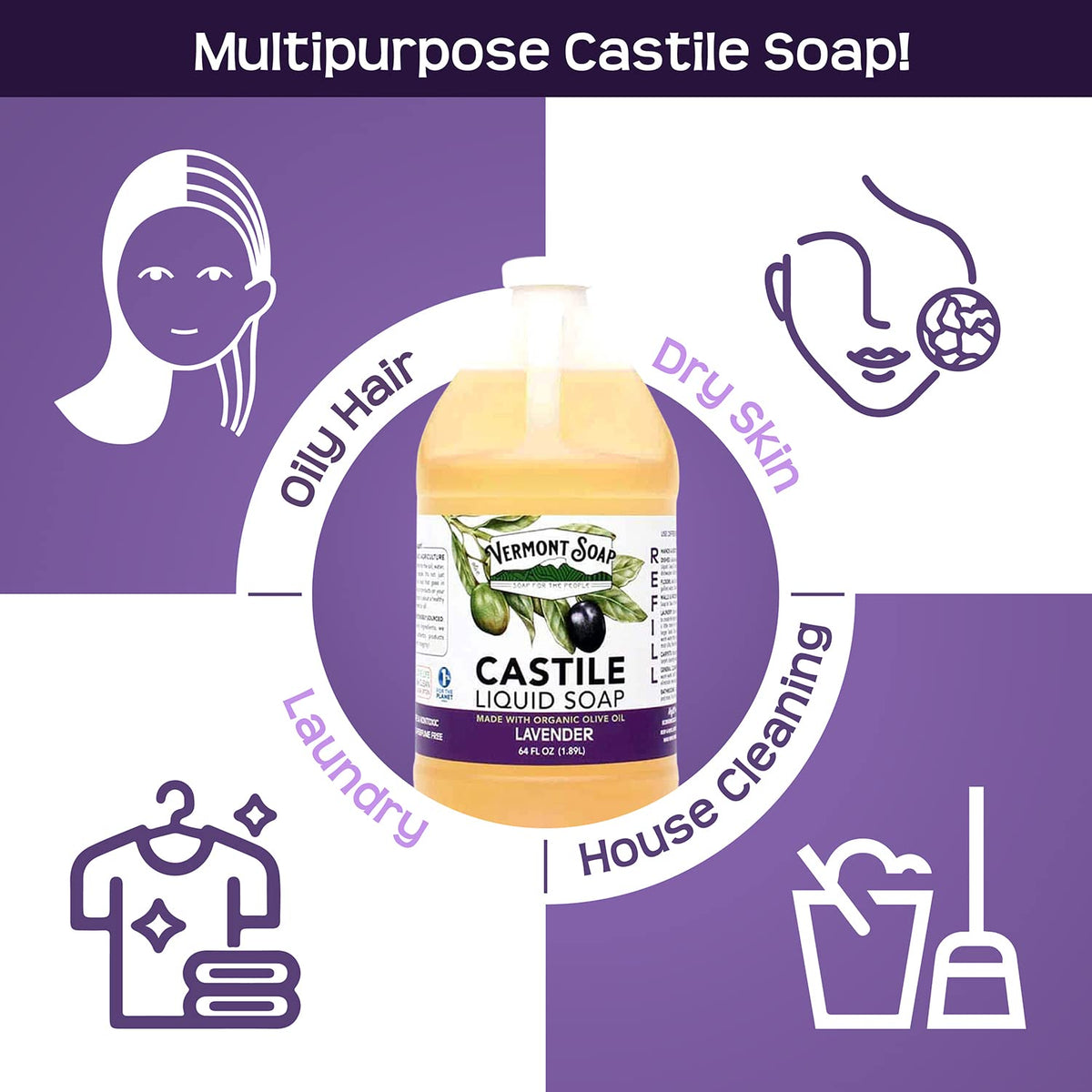 Vermont Soap Lavender Castile bottle with lavender liquid for everyday use.