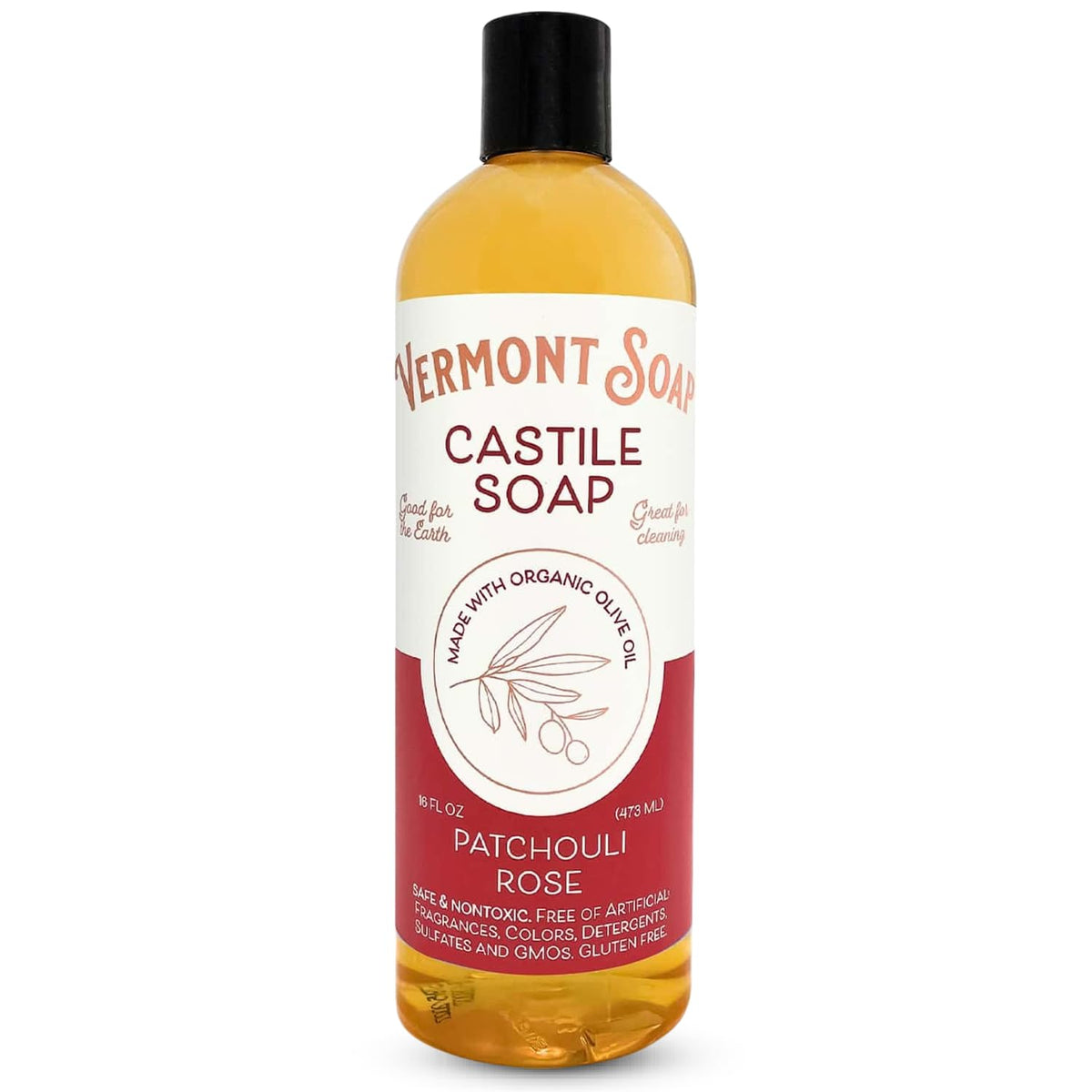 Vermont Soap Patchouli Rose bottle showcasing organic castile soap for skin care